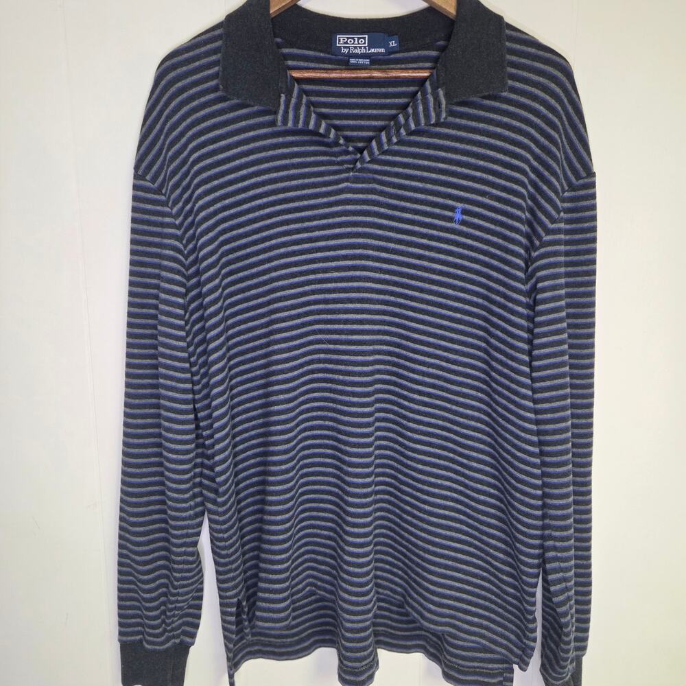 Vintage Polo By Ralph Lauren Blue Gray Striped Collared Shirt Long Sleeve XL